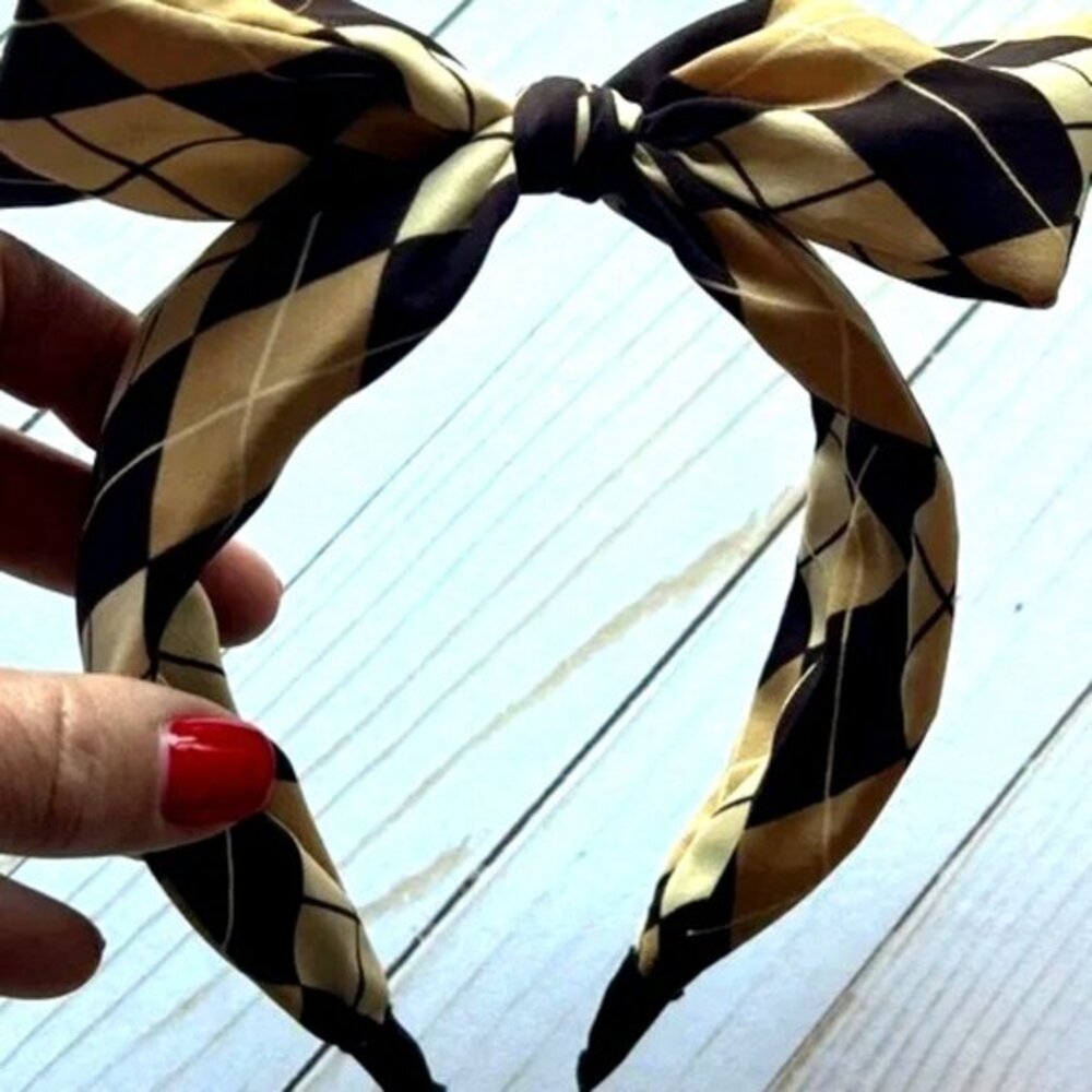 Twee Mod Wired Bow Headband • Vintage Mod Brown Tan Argyle Plaid • Blair Waldorf - Picture 4 of 4